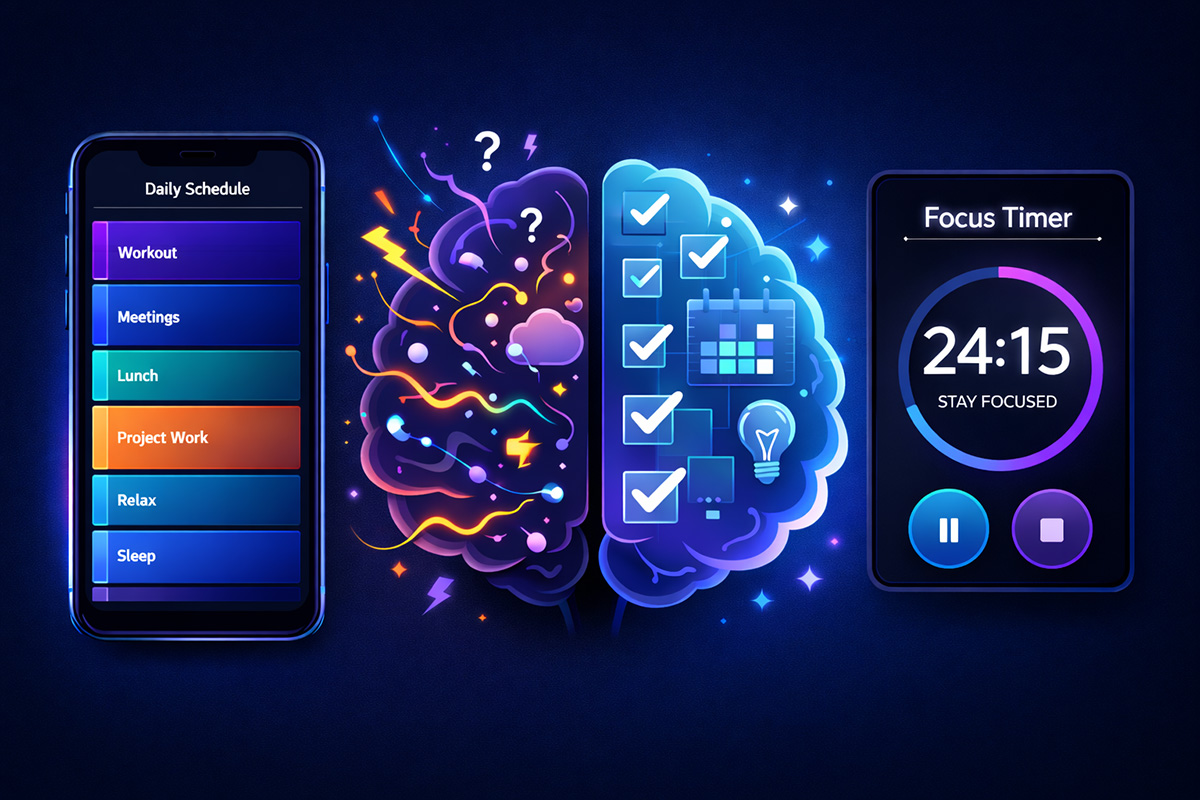 Visual daily planner timeline and focus timer on a phone screen with ADHD brain illustration
