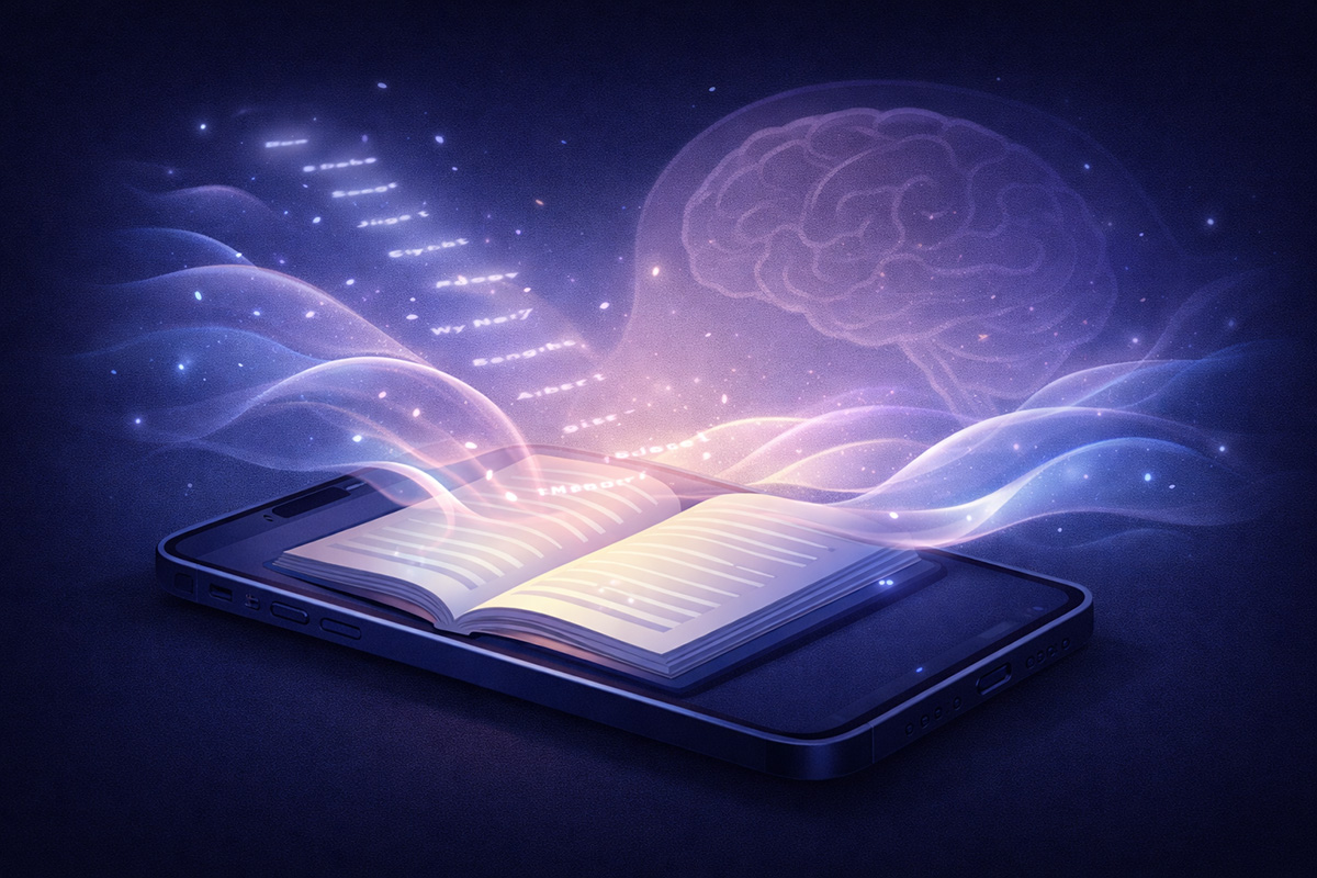 Digital journaling app for mental health with brain illustration and flowing waves