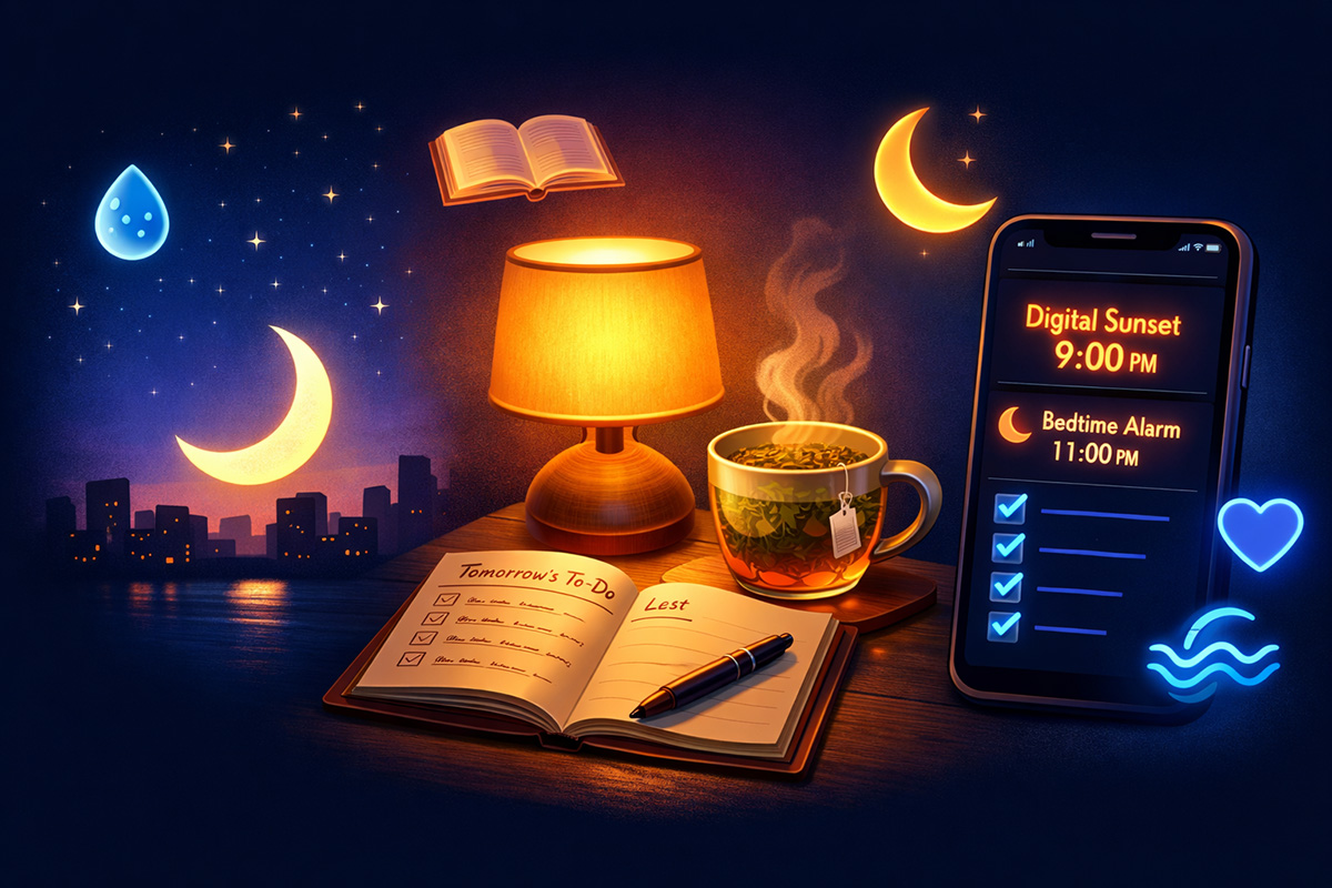 Calm evening workspace with warm lamp, journal, and phone face-down beside a cup of tea