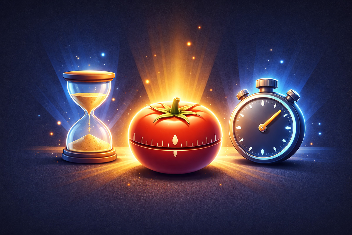 Focus timer techniques including Pomodoro method with tomato timer and hourglass