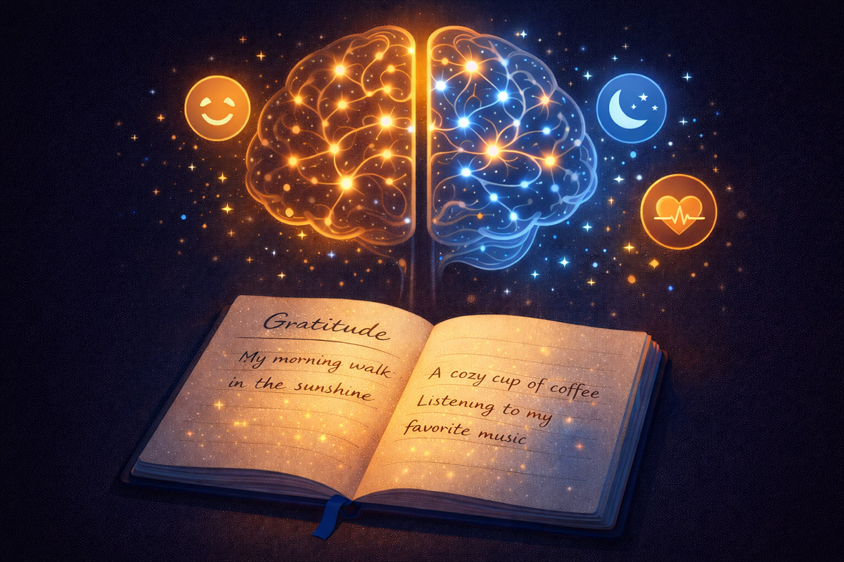 Open gratitude journal beside a brain illustration showing neural pathways lighting up