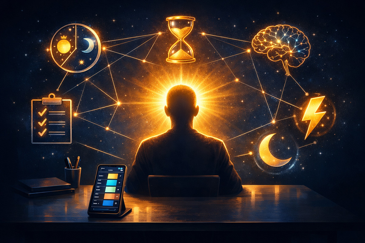 Person working at a clean desk with a daily planner, focus timer, and natural light — science of productivity