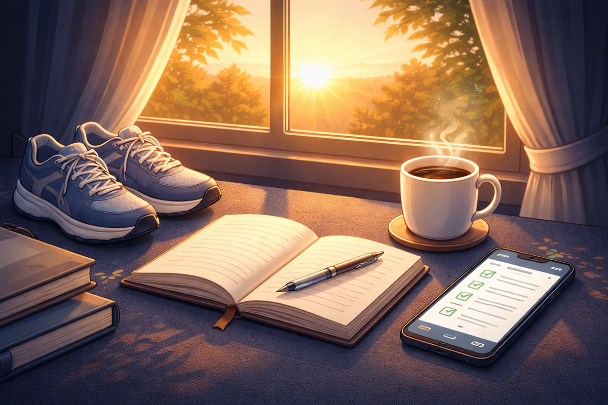 Morning routine scene with sunrise, coffee, journal and running shoes