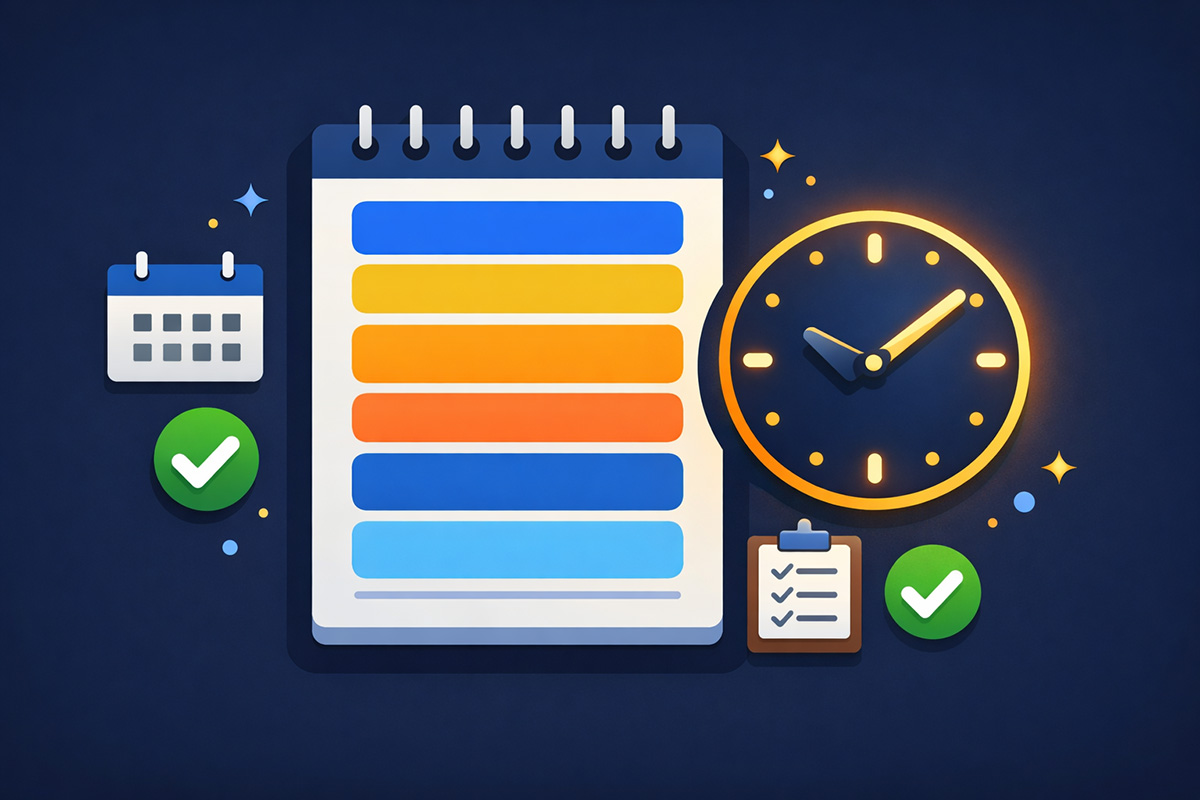 Daily planner notebook with clock and calendar on dark background
