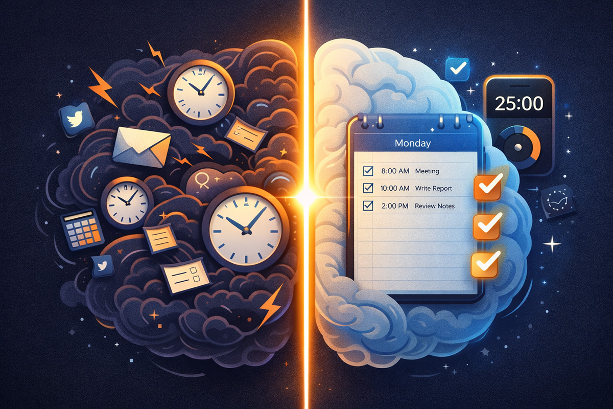 Brain split between amygdala and prefrontal cortex with a clock and daily planner
