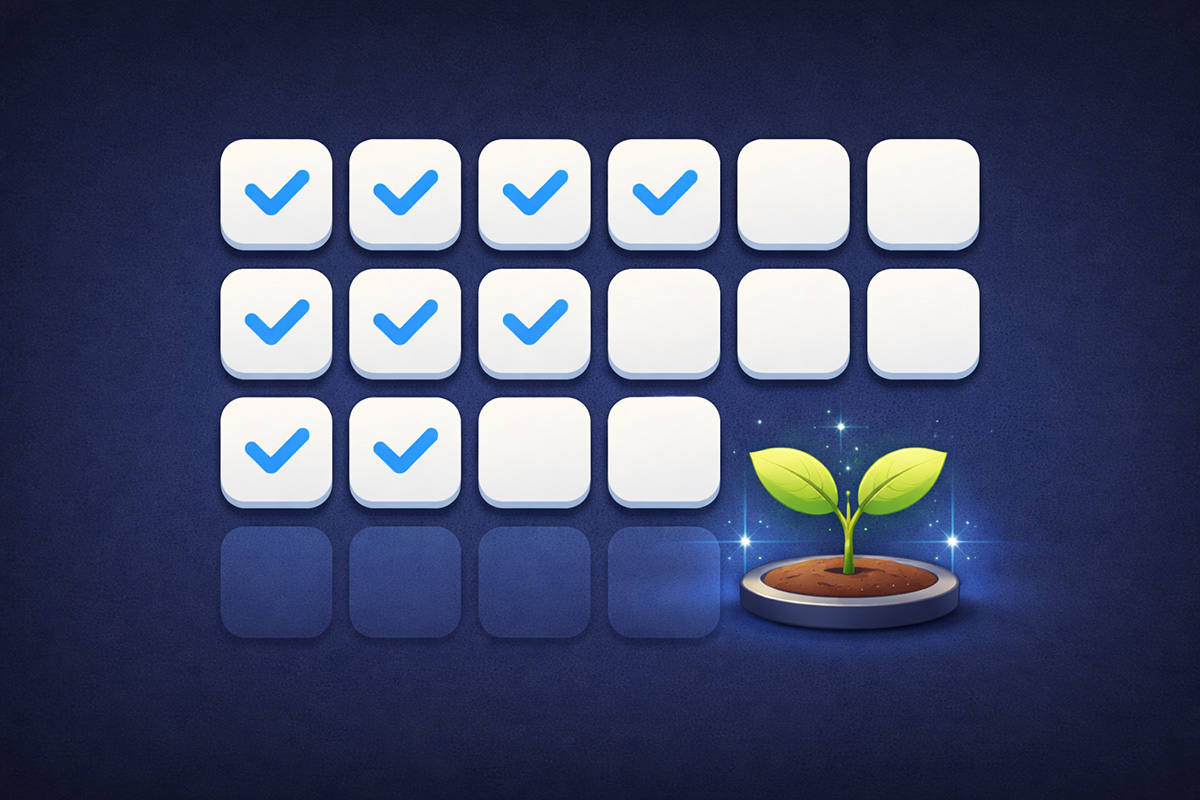 Minimalist habit tracker grid with blue checkmarks and a growing plant