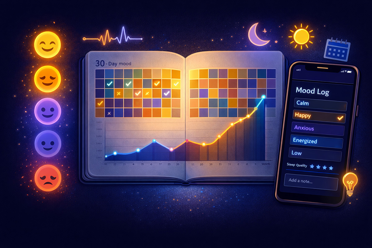 Open journal with mood icons, brain illustration, and colorful emotion graph on a soft background