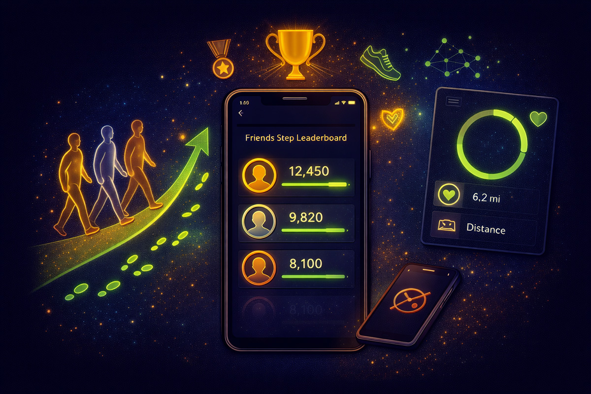 Group of friends walking together with phones showing step leaderboard and step counts