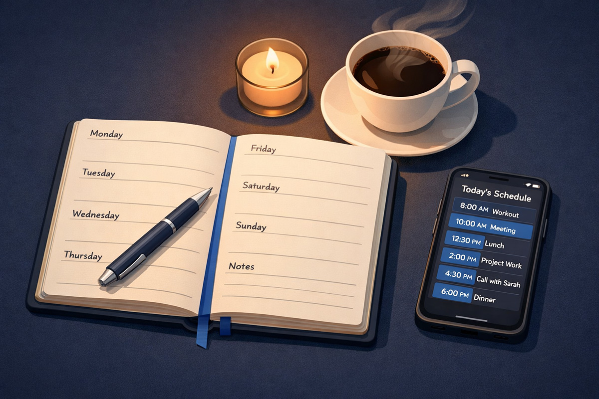 Open weekly planner on a Sunday with coffee, candle and a calm workspace