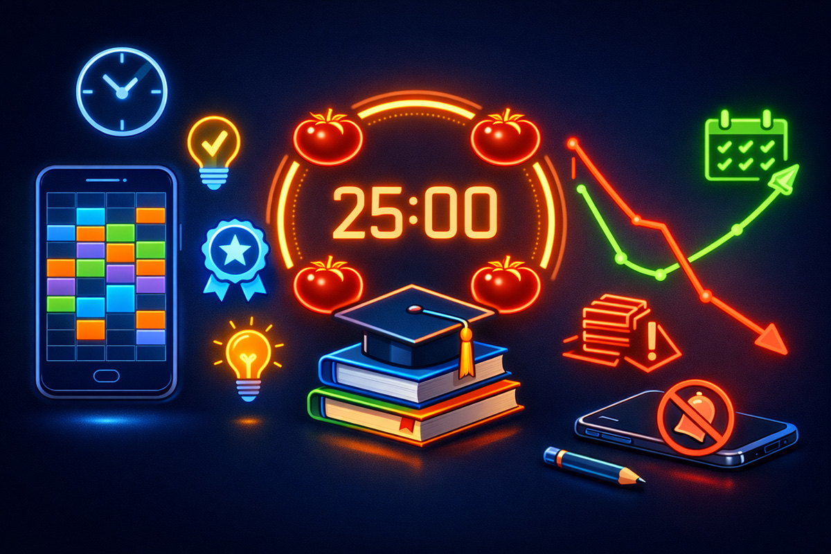 Student desk with planner, textbooks, timer, and phone face-down in focused study setup