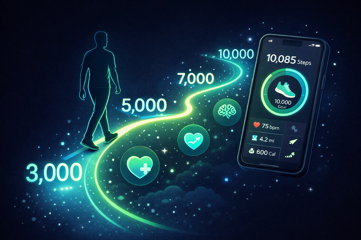 Person walking on a sunlit path with a phone showing step count and health metrics