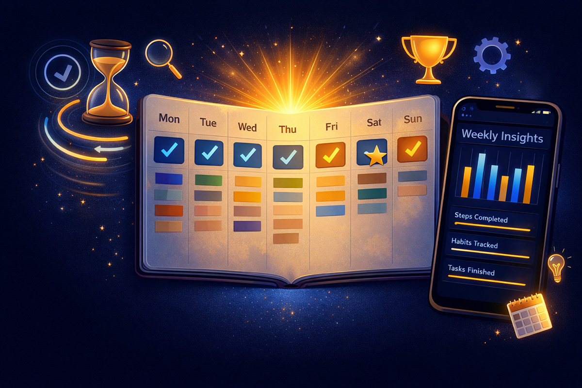 Open weekly planner with pen, calendar, and coffee on a clean desk